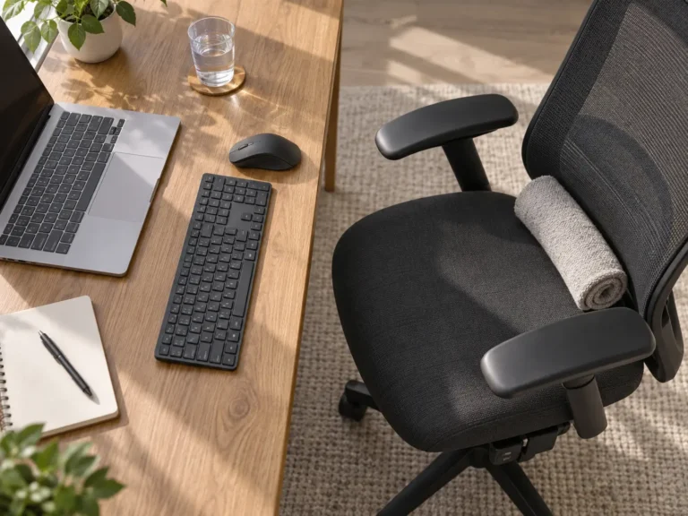 Blat biurka z klawiaturą, myszą, szklanką wody oraz ergonomicznym fotelem z podparciem lędźwiowym