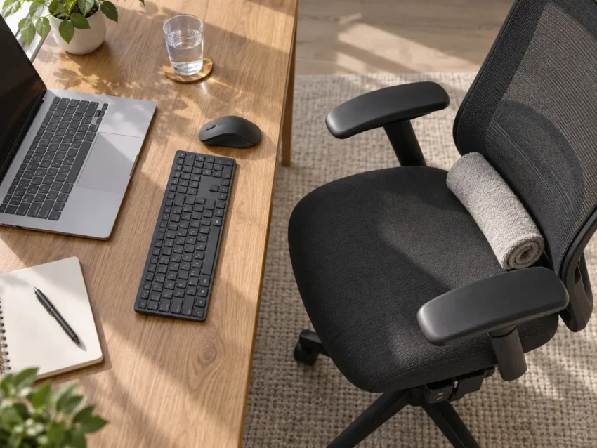 Blat biurka z klawiaturą, myszą, szklanką wody oraz ergonomicznym fotelem z podparciem lędźwiowym